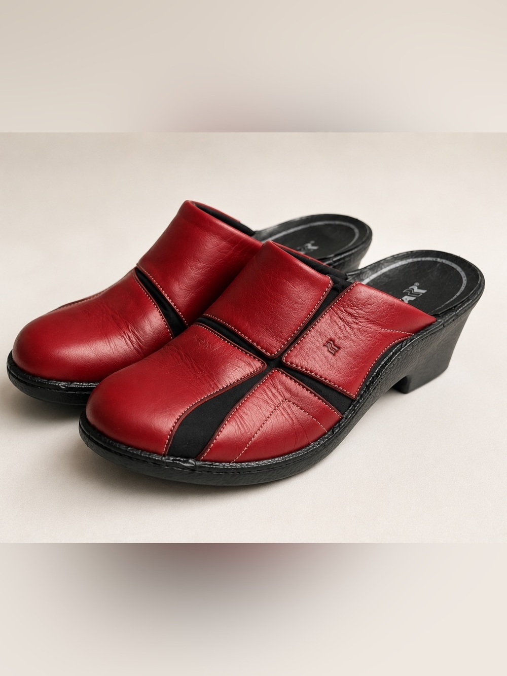 Romika Red Black Leather Colorblock Wedge Mules Clogs Comfort Shoes Size 38 8​